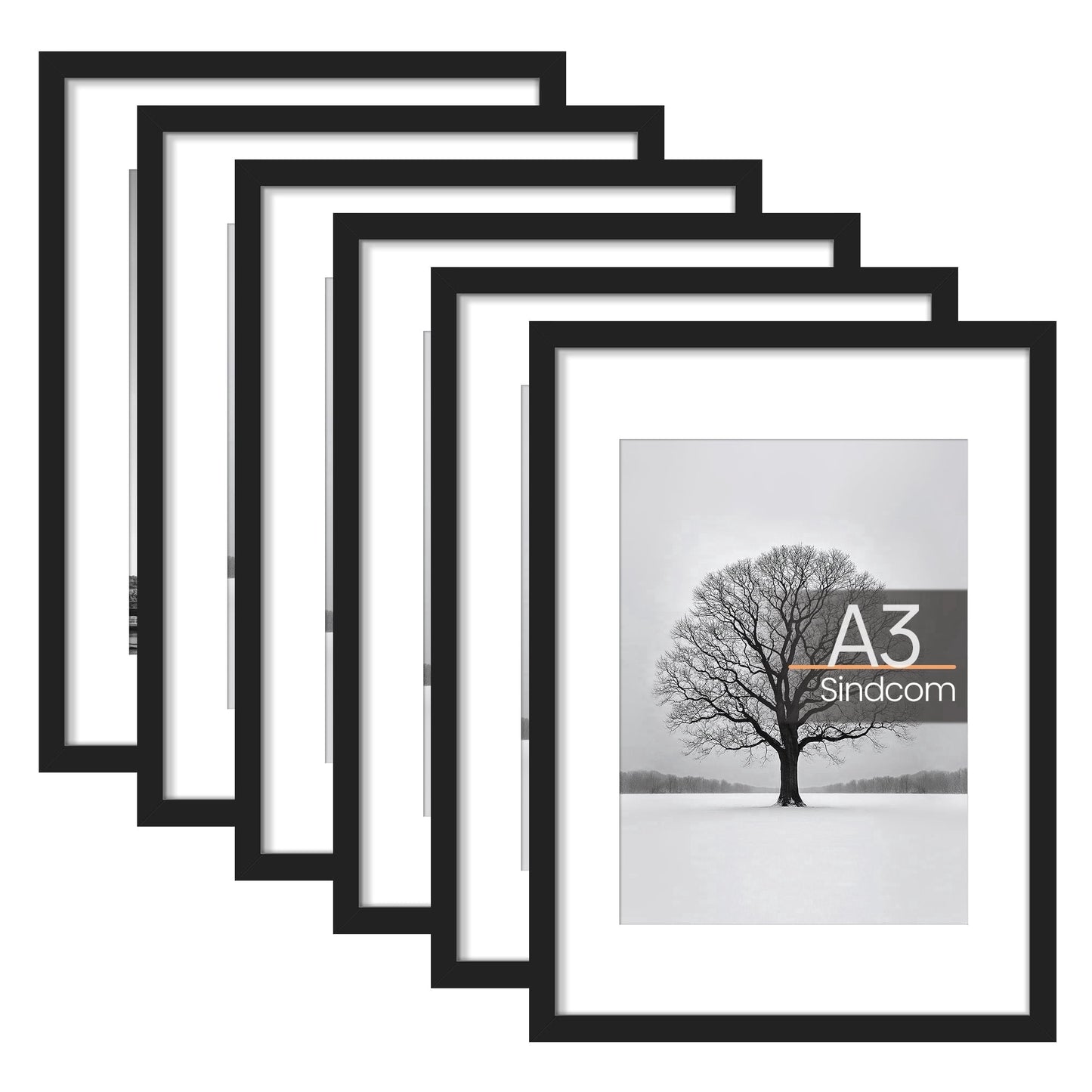 Sindcom 6 Pack A3 Picture Frames,Display Pictures 8.3x11.7 with Mat or 11.7x16.5 Without Mat,Gallery Wall Photo Frames, Black