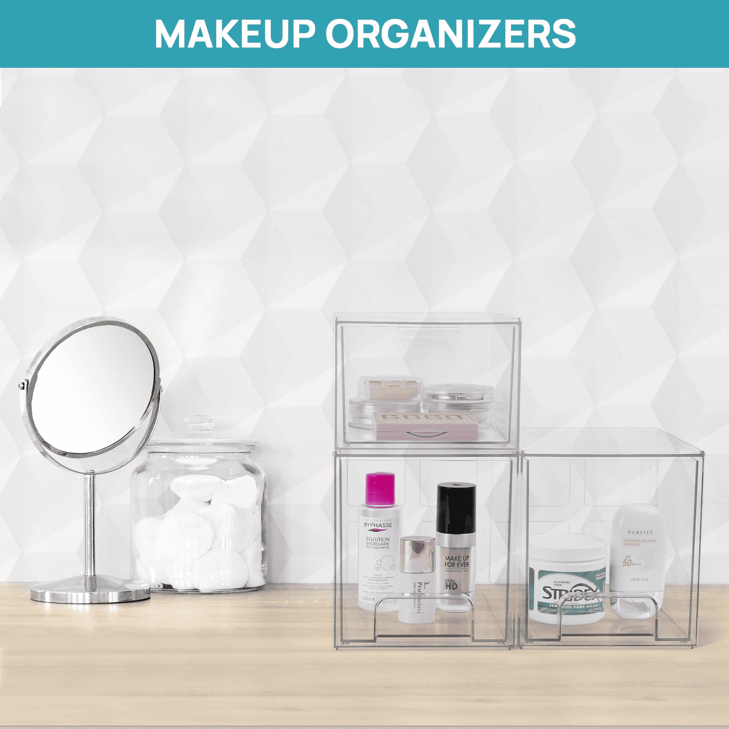 Sindcom TALL Stackable Makeup Storage Drawers, 4 Pack Acrylic Bathroom Organizers
