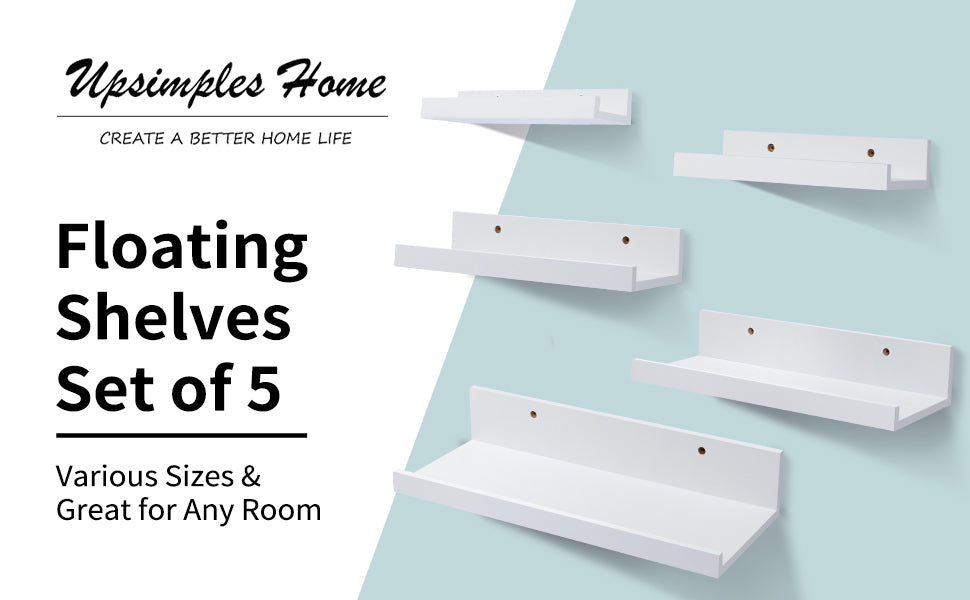 Floating Shelves, Upsimples Home Wood Shelf Wall Mounted, Set of 5, Multiple Sizes, White