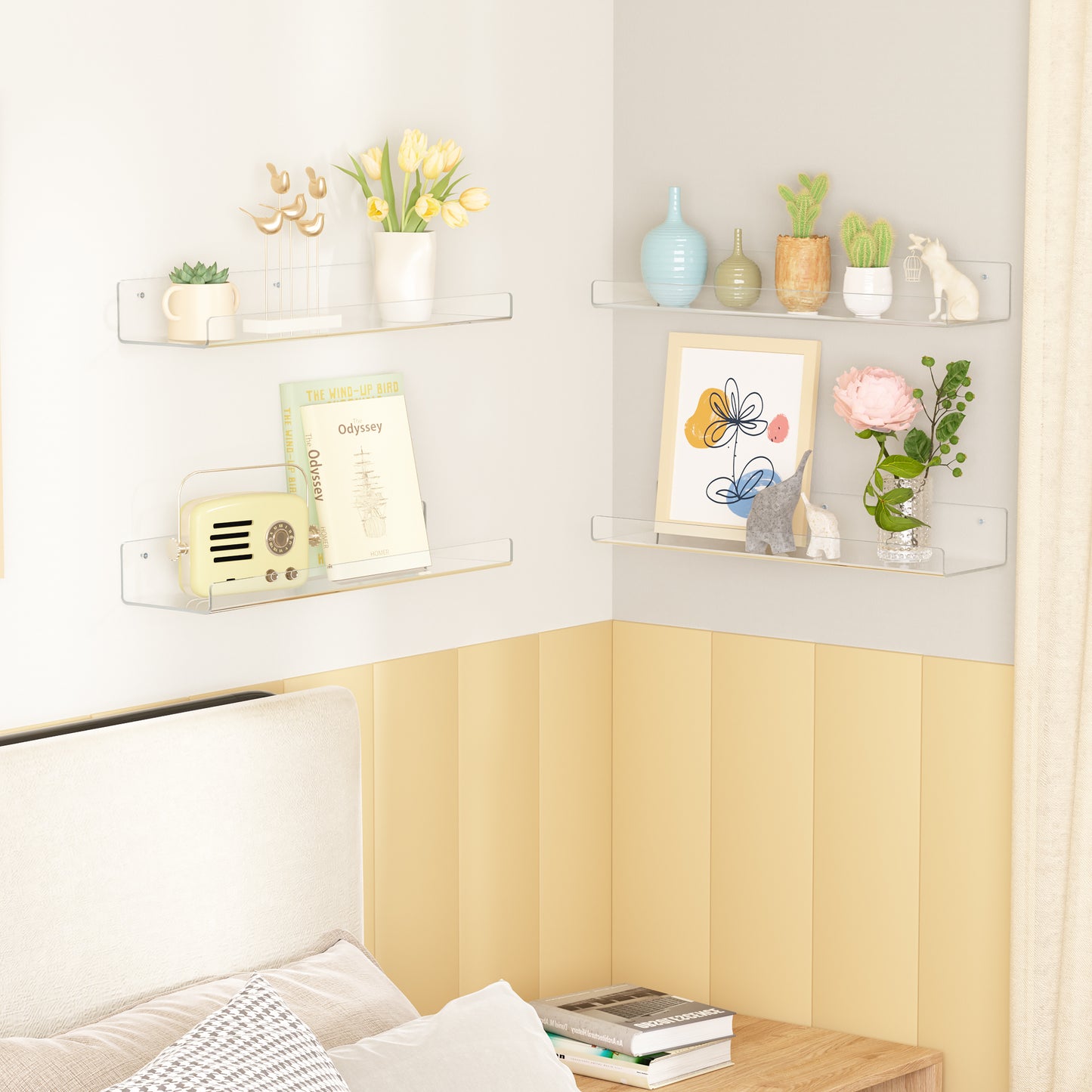 15" Acrylic Floating Shelves Wall Mounted, Upsimples 9pack Clear Acrylic Shelves, for Bedroom, Living Room, Bathroom, Kitchen