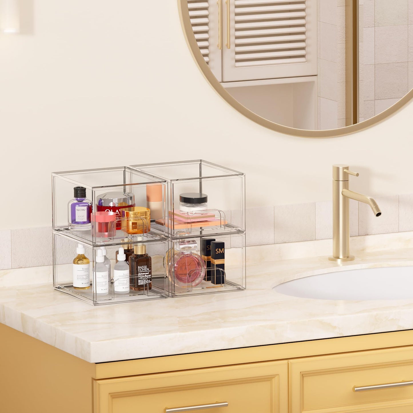 Sindcom 4 Pack Acrylic Bathroom Organizers, Clear Plastic Storage Bins, 4.4" High