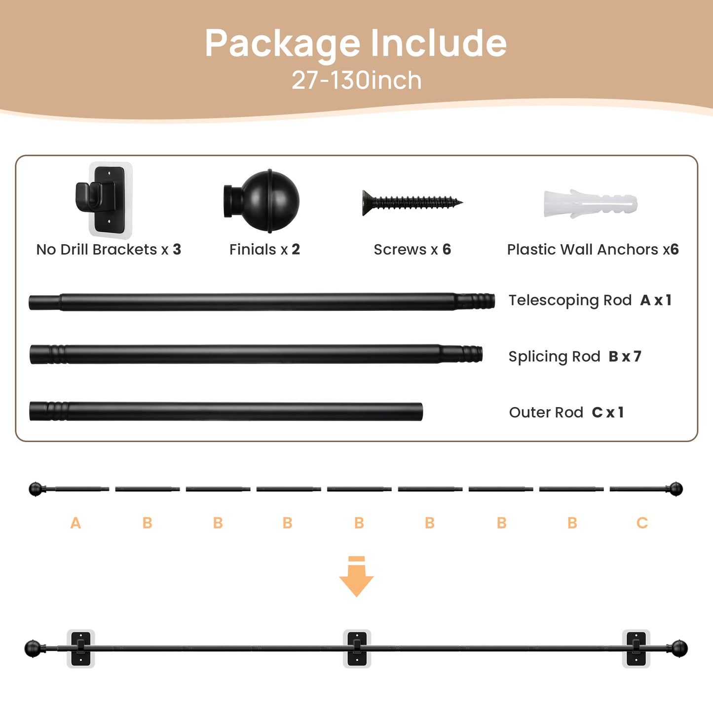 Sindcom No Drill Curtain Rods for Window 66 to 120 Inches, 5/8 Inch Diameter Renter Friendly Drapery Rod with Adhesive Brackets without Drilling, Adjustable from 27 to 130 Inches, Black