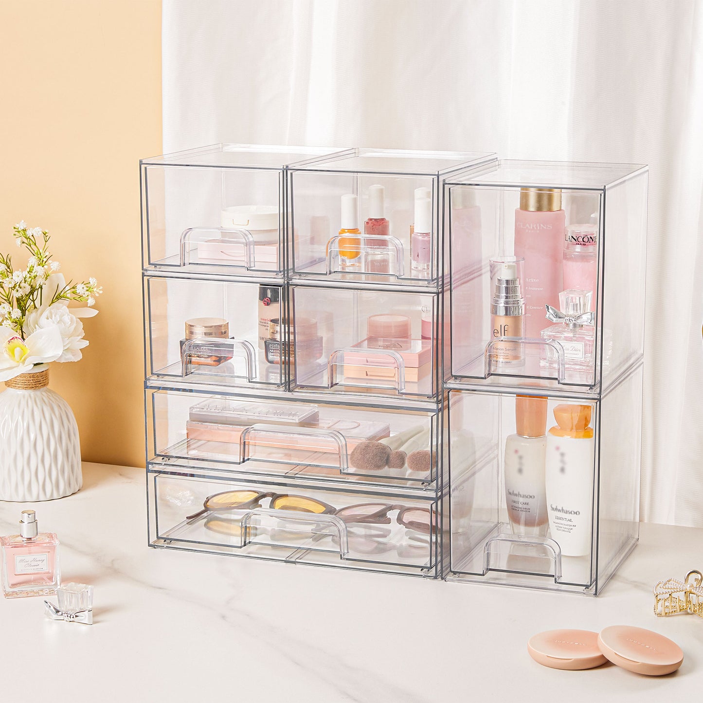 Sindcom Stackable Storage Drawers Set of 3,Clear Plastic Organizer Bins for Makeup, Cosmetics, Beauty Supplies