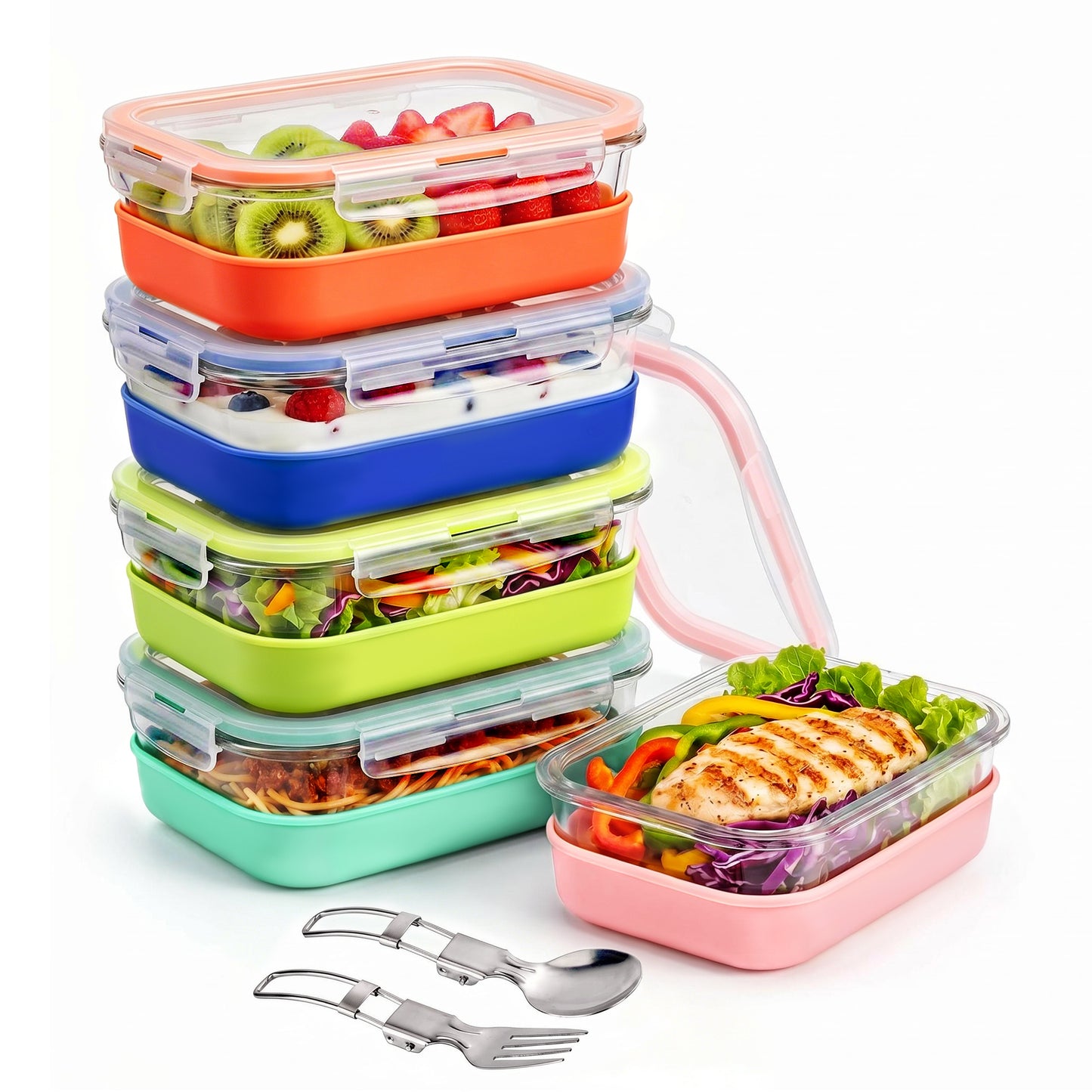 Sindcom 5 Pack 28oz Glass Food Storage Containers Set with Silicone Sleeve，Glass Meal Prep Containers, Lunch containers with Airtight BPA-Free Plastic Lids, Dishwasher, Microwave, and Freezer Safe