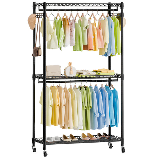 Sindcom Heavy Duty Metal Clothes Rack with Lockable Wheels, 3-Tier Adjustable Garment Clothing Rack for Hanging Clothes, Wardrobe Storage with Double Rods and Side Hooks, Black