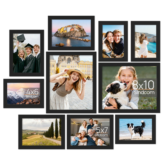 "Sindcom 10 Pack Collage Picture Frame,Gallery Wall Frame Set for Wall or Tabletop Display,Black Photo Frame ,Multi Sizes Fits Two 8x10,Four 5x7,and Four 4x6 Photo"