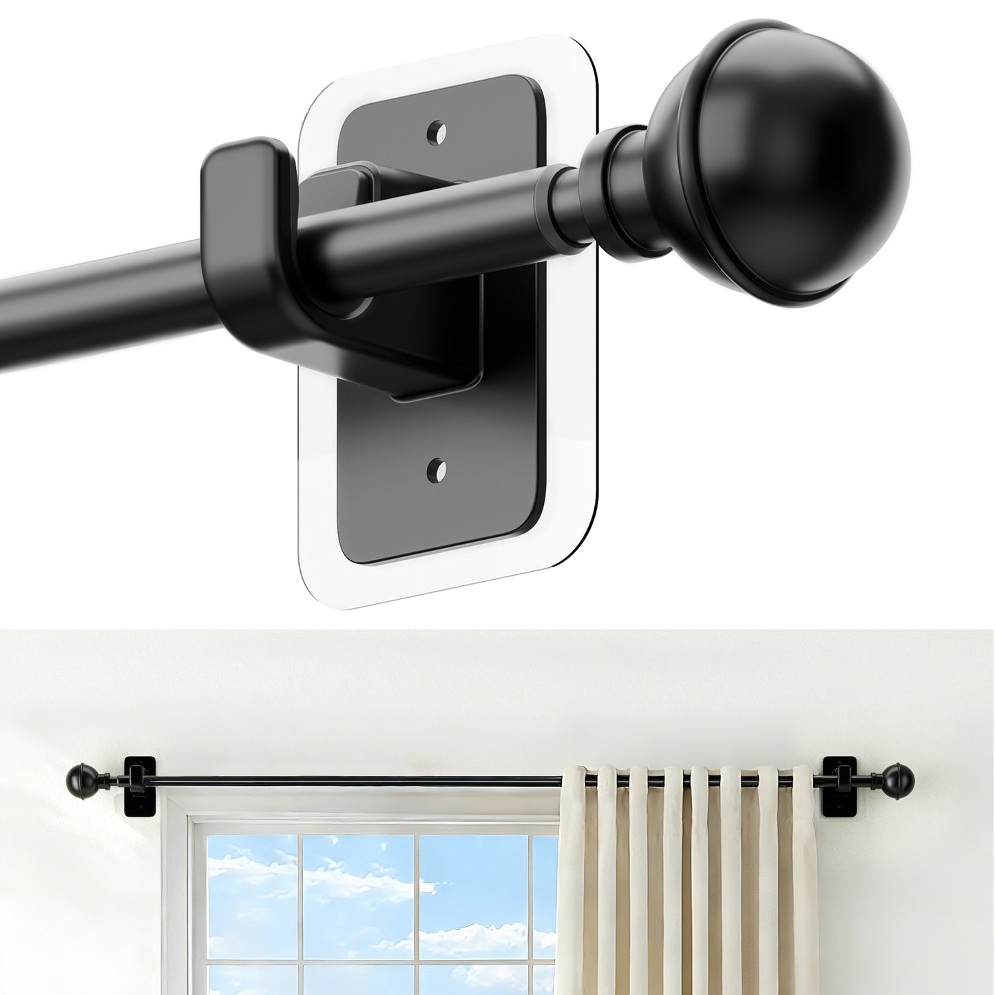 Sindcom No Drill Curtain Rods for Window 66 to 120 Inches, 5/8 Inch Diameter Renter Friendly Drapery Rod with Adhesive Brackets without Drilling, Adjustable from 27 to 130 Inches, Black