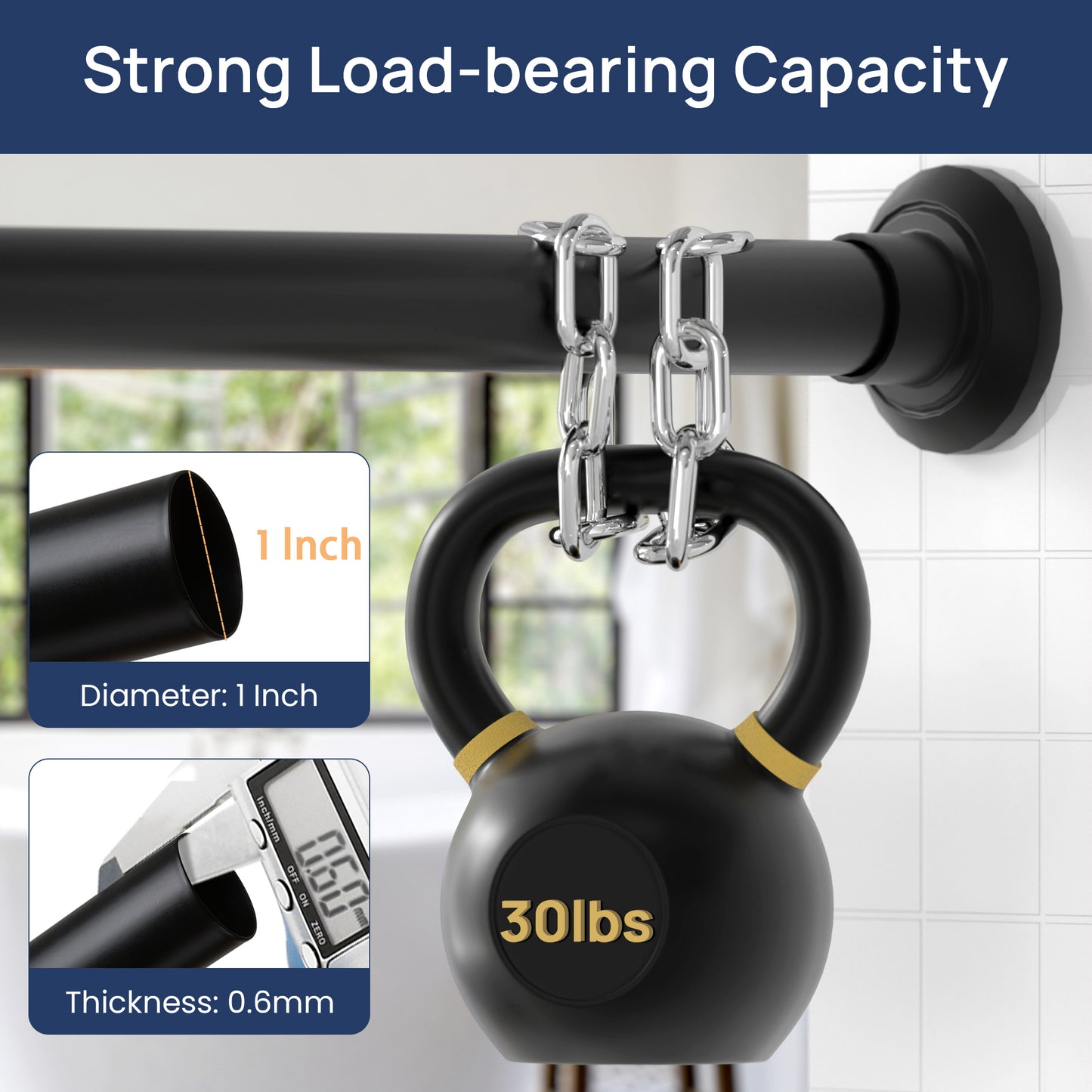 Sindcom No Drill Shower Curtain Rod 30 to 88 Inches Matte Black, 1 Inch Stainless Steel Adjustable Spring Tension Rods No Drill for Bathroom, Closet, Window, Room Divider, Never Rust, Non Slip
