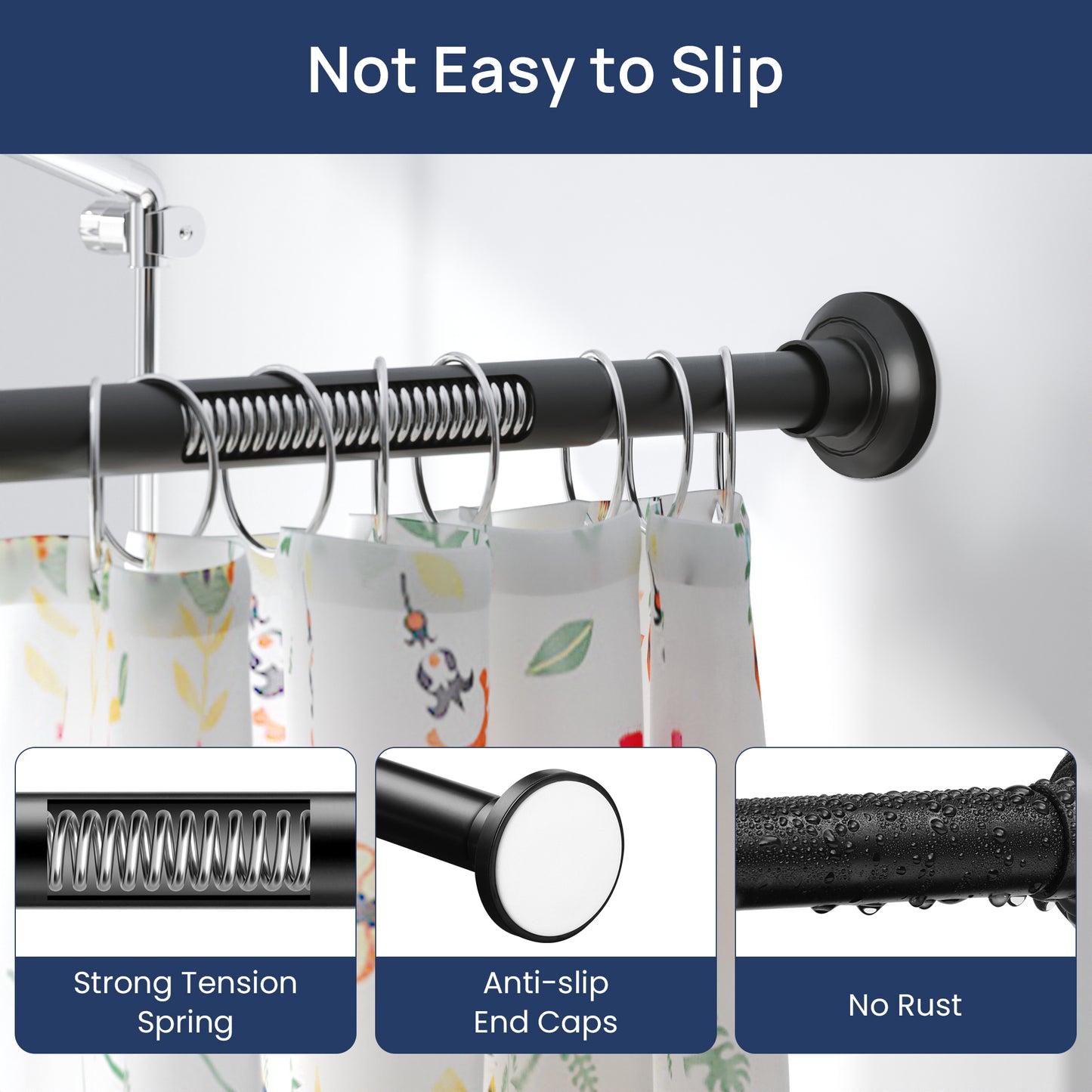 Sindcom No Drill Shower Curtain Rod 30 to 88 Inches Matte Black, 1 Inch Stainless Steel Adjustable Spring Tension Rods No Drill for Bathroom, Closet, Window, Room Divider, Never Rust, Non Slip