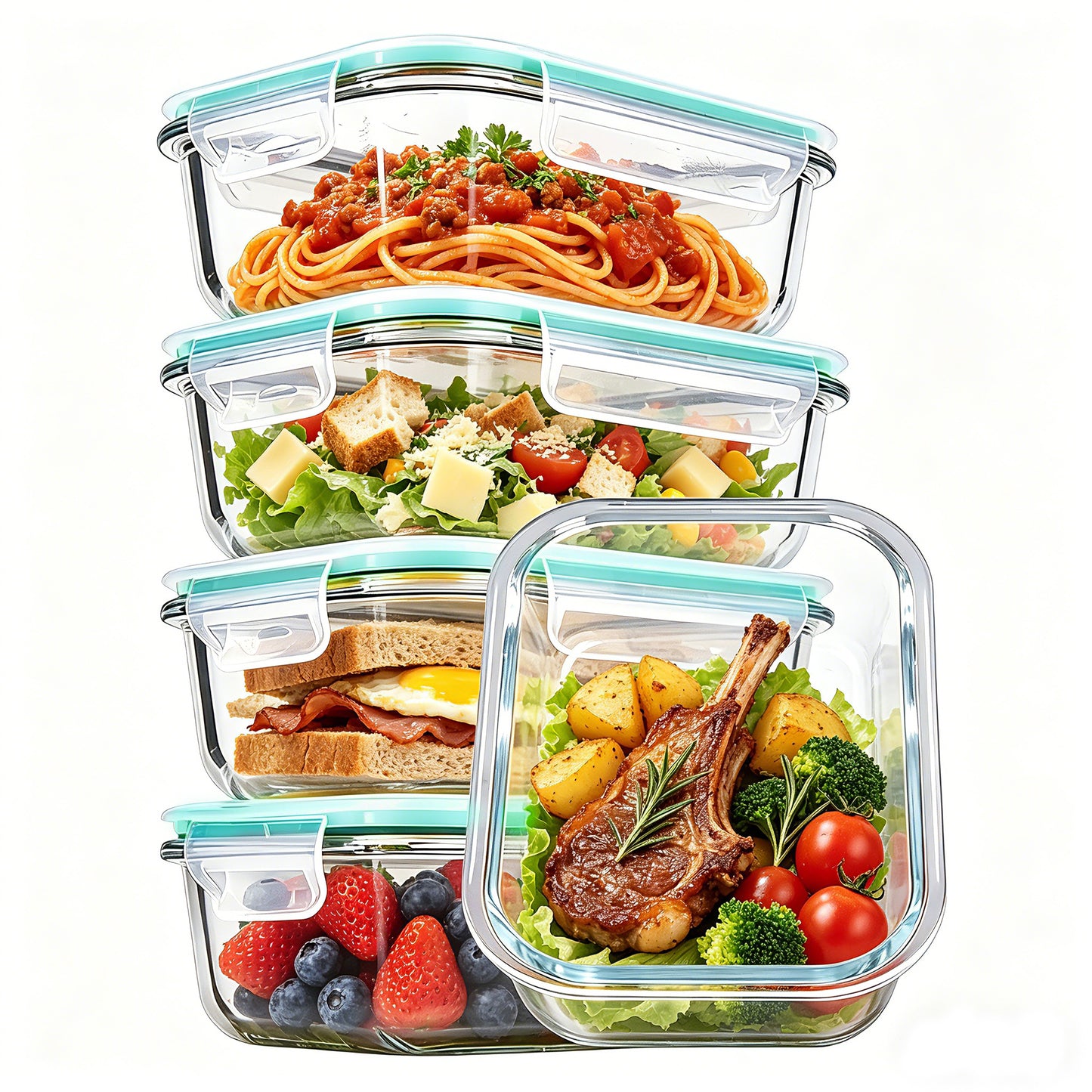 Sindcom 5Pack 22oz Glass Storage Containers with Lids, Glass Meal Prep Food Container Sets with Snap Airtight Lids for Microwave, Oven, Freezer and Dishwasher Green