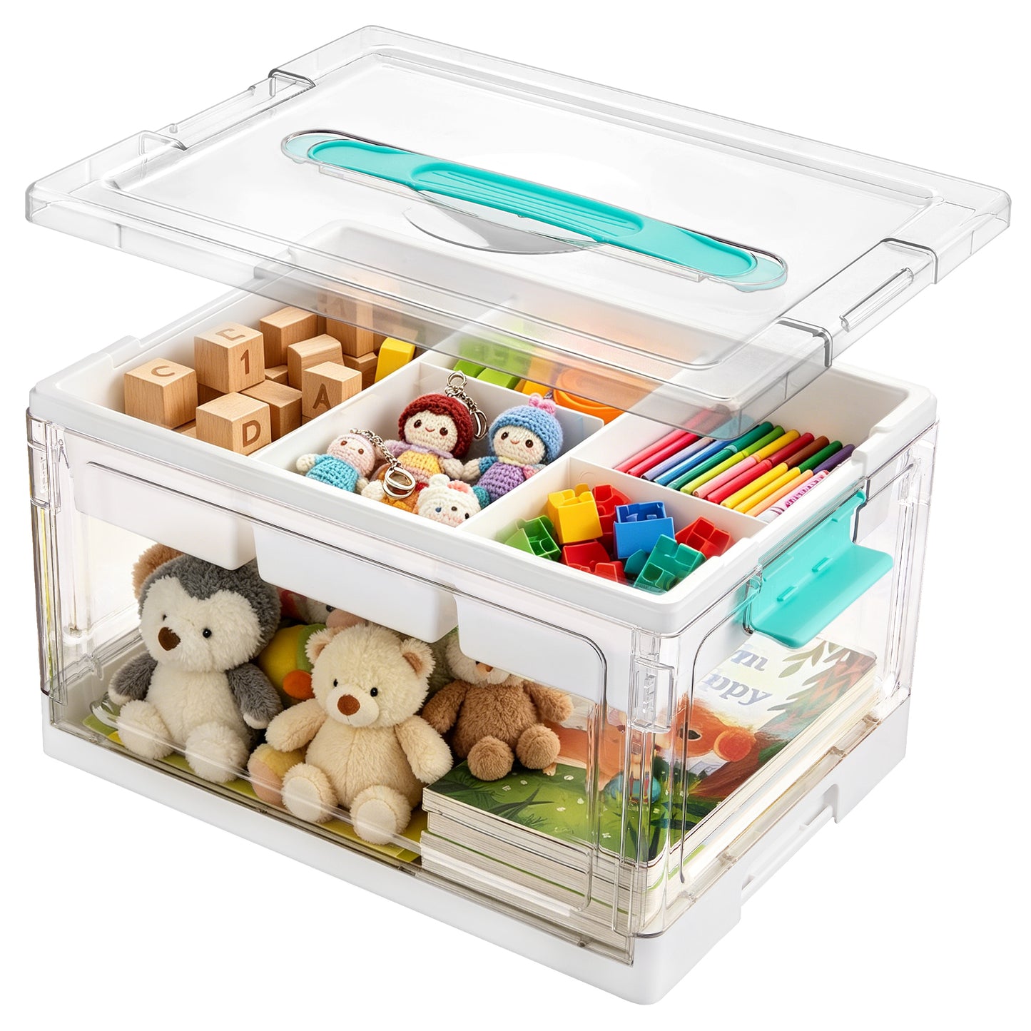 Sindcom 24 QT Clear Plastic Kids Toy Storage Bins, Stuffed Animal & Art Supply Organizer with Removable Dividers, Craft Box for Coloring Books, Toys, 1 Pack