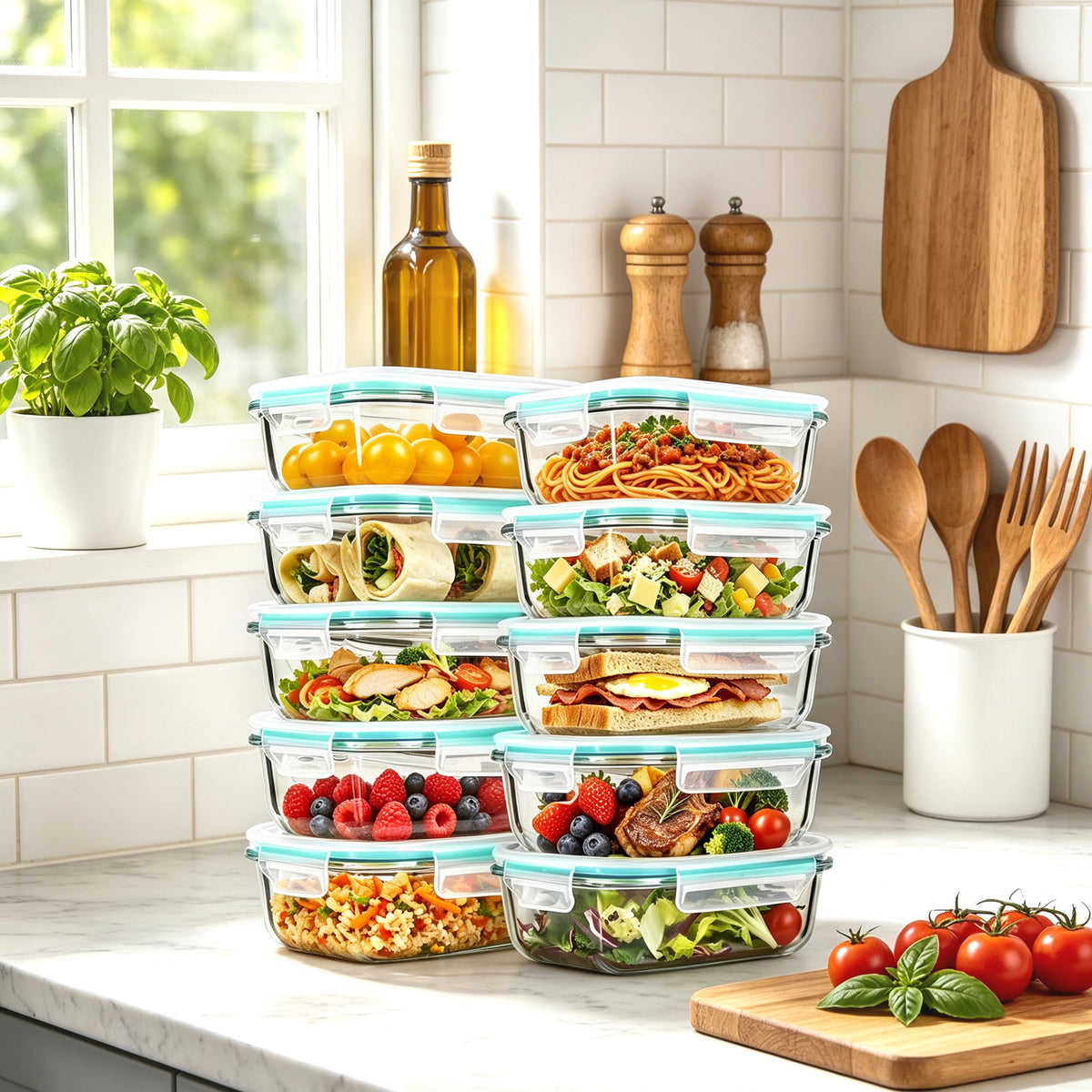 10 Pack 22oz Glass Storage Containers with Lids, Glass Meal Prep Food Container Sets with Snap Airtight Lids for Microwave, Oven, Freezer and Dishwasher