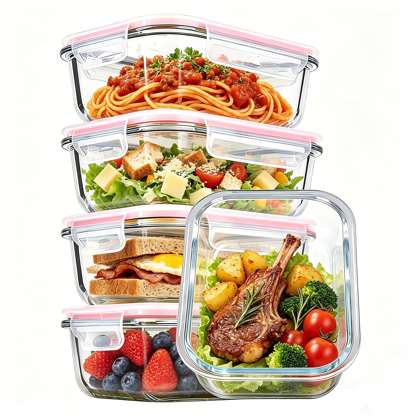 Sindcom 5Pack 22oz Glass Storage Containers with Lids, Glass Meal Prep Food Container Sets with Snap Airtight Lids for Microwave, Oven, Freezer and Dishwasher Pink