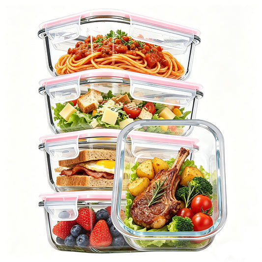 Sindcom 5Pack 22oz Glass Storage Containers with Lids, Glass Meal Prep Food Container Sets with Snap Airtight Lids for Microwave, Oven, Freezer and Dishwasher Pink