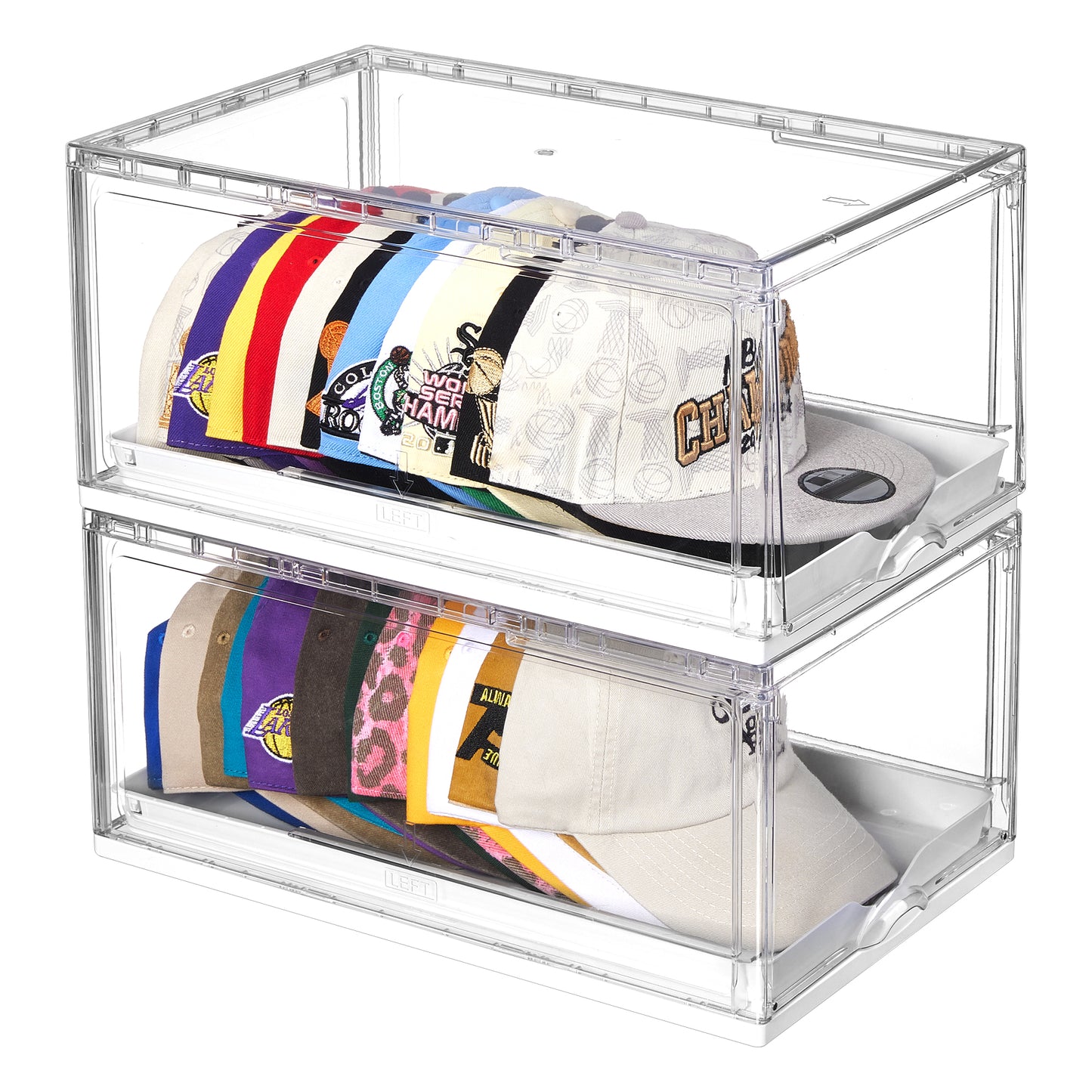 Sindcom 2 Pack Hat Organizer for Baseball Caps, Clear Hat Holder Box with Drawer, Large Hat Storage with Sliding Tray, Stackable Rack Display Case with Magnetic Door, Each Holds 12 Hats