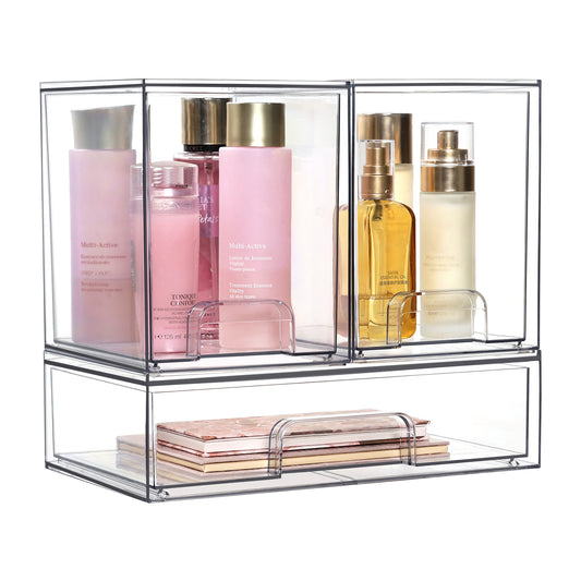 Sindcom Stackable Storage Drawers Set of 3,Clear Plastic Organizer Bins for Makeup, Cosmetics, Beauty Supplies