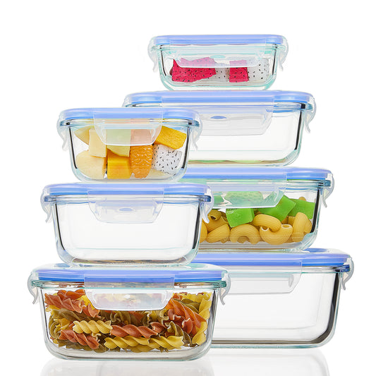 Sindcom 7 Pack Glass Food Storage Containers, Meal Prep, Airtight Bento Boxes with Leak Proof Locking Lids,Blue