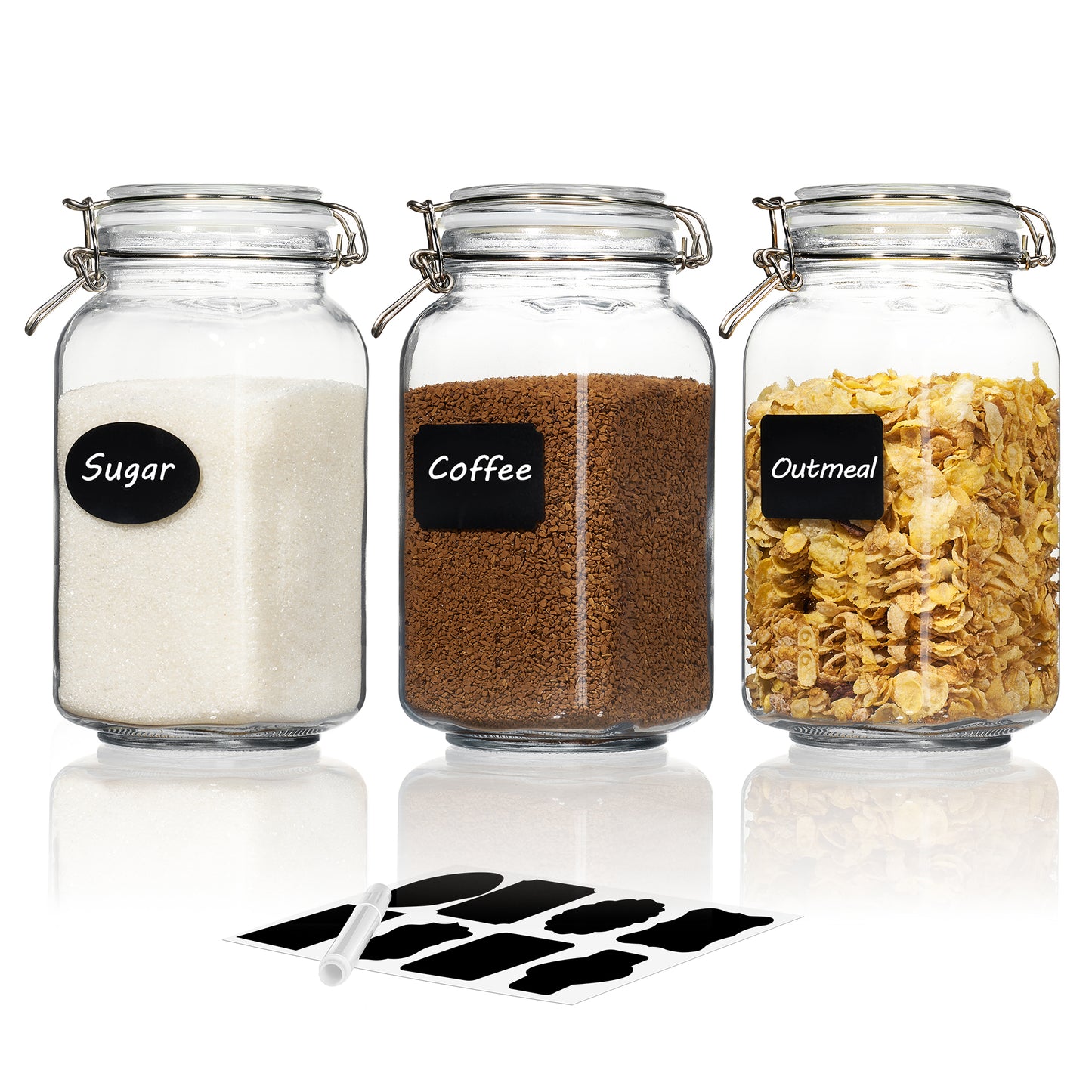 Sindcom 50oz Airtight Glass Jars with Lids, 3 PCS Food Storage Canister for Kitchen & Pantry Organization, Square Mason Jar Containers for Storing Sugar, Flour, Cereal,Coffee,Cookies