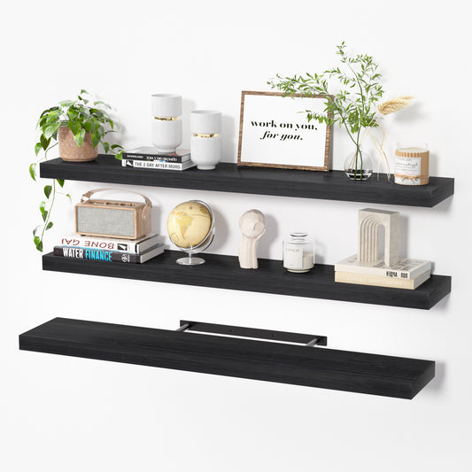 Sindcom 36in Floating Shelves with Invisible Brackets, Wall Mounted Rustic Wood Shelves Set of 3, Black