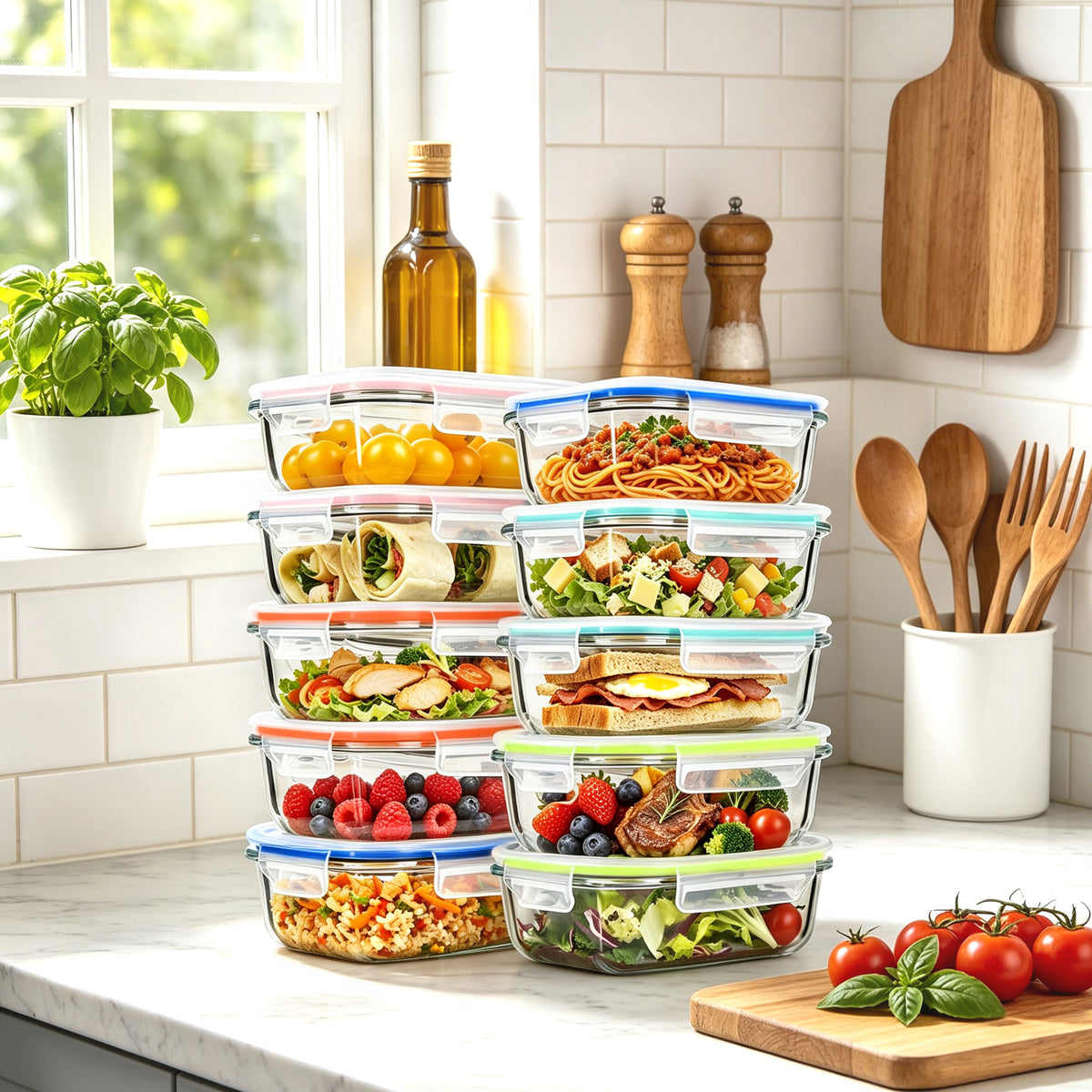 10 Pack 22oz Glass Containers with Lids, Airtight Meal Prep Food Storage Jars, Oven Freezer Microwave Safe Leakproof Lunch Set
