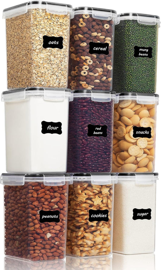Sindcom Set of 9 Airtight Food Storage Containers with Lids,Plastic Kitchen Pantry Organizers and Flour Storage,Dry Food Keepers, 2L Cereal Containers with 24 Labels,Black
