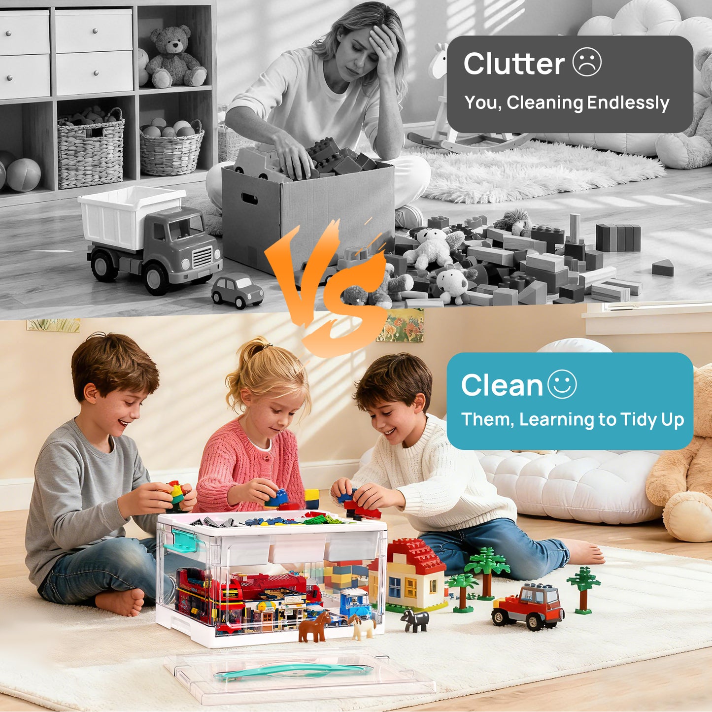 Sindcom 24 QT Clear Plastic Kids Toy Storage Bins, Stuffed Animal & Art Supply Organizer with Removable Dividers, Craft Box for Coloring Books, Toys, 1 Pack