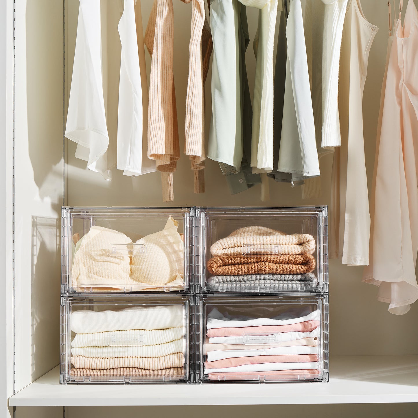 Sindcom 4 Pack Medium 18QT Clear Stackable Storage Drawers,Easily Assemble Closet Organizers,Plastic Storage Bins for Bathroom,Cabinet,Kitchen Pantry,Under Sink Organization