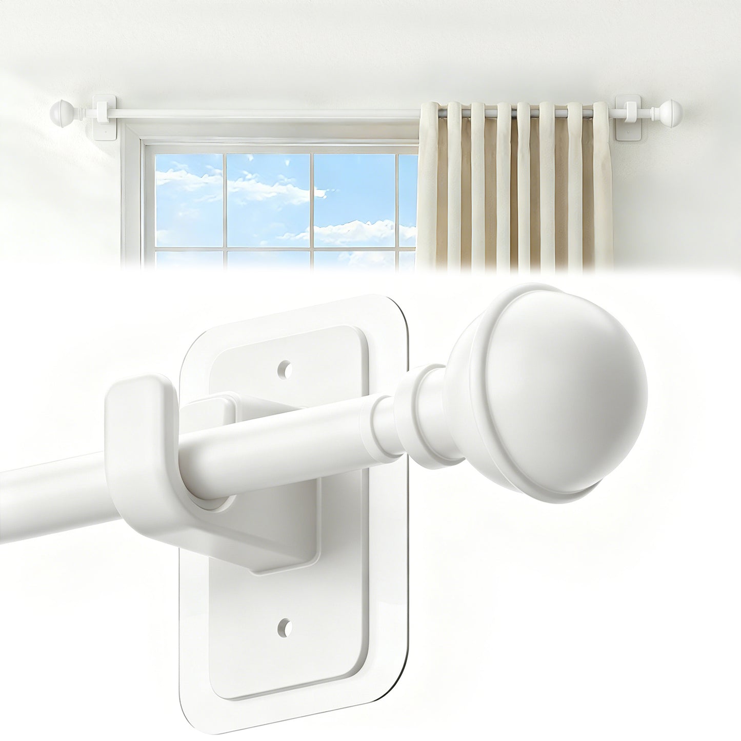 Sindcom No Drill Curtain Rods for Window 27 to 48 Inches, 5/8 Inch Diameter Renter Friendly Drapery Rod with Adhesive Brackets without Drilling, Adjustable from 27 to 52 Inches, White