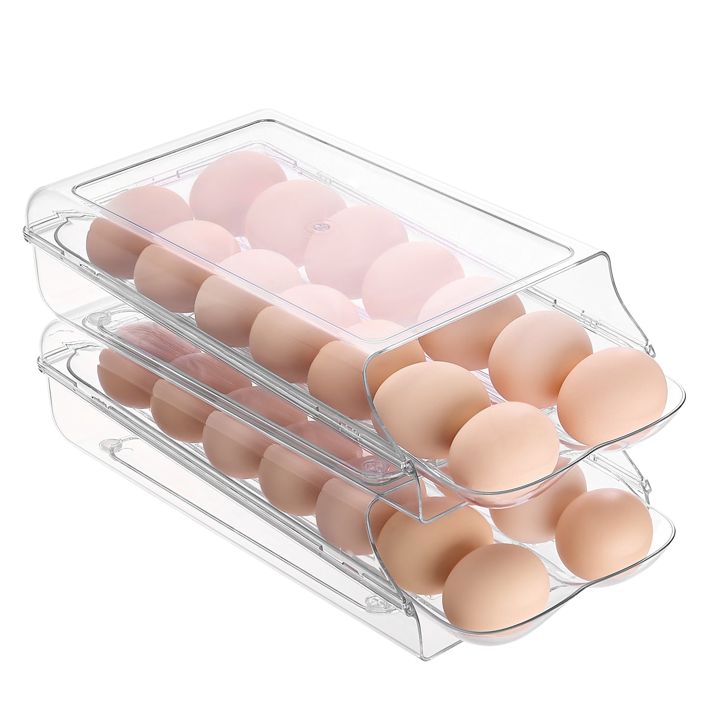 Sindcom Clear Plastic Egg Holder for Fridge, Automatic Rolling Egg Container for Refrigerator, Stackable 14-Count Eggs Organizer with Removable Inner Tray, Fridge Organizers and Storage, 2Pack