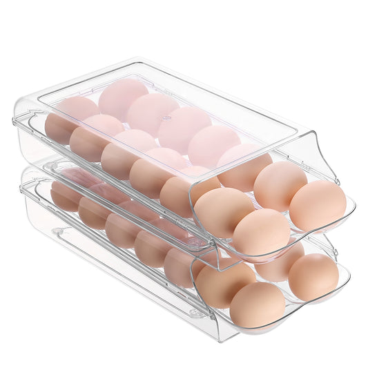 Sindcom Clear Plastic Egg Holder for Fridge, Automatic Rolling Egg Container for Refrigerator, Stackable 14-Count Eggs Organizer with Removable Inner Tray, Fridge Organizers and Storage, 2Pack