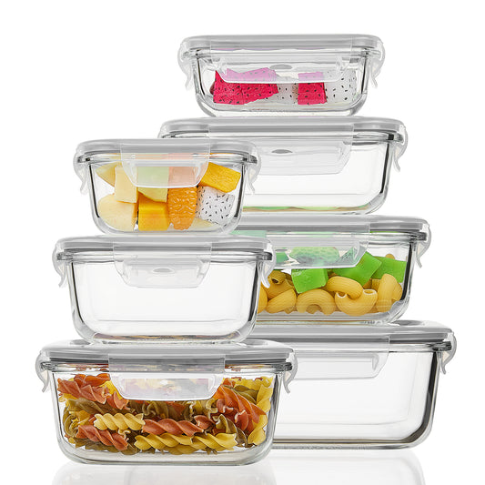 7pcs Glass Storage Container Set with Lids, Sindcom Meal Prep Containers, Airtight Bento Boxes, Gray