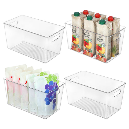 Sindcom 4 Pack Clear Plastic Storage Bins with Handles, Pantry Organizer Bins, for Refrigerator, Freezer, Cabinet, Kitchen, Countertops, X-Large
