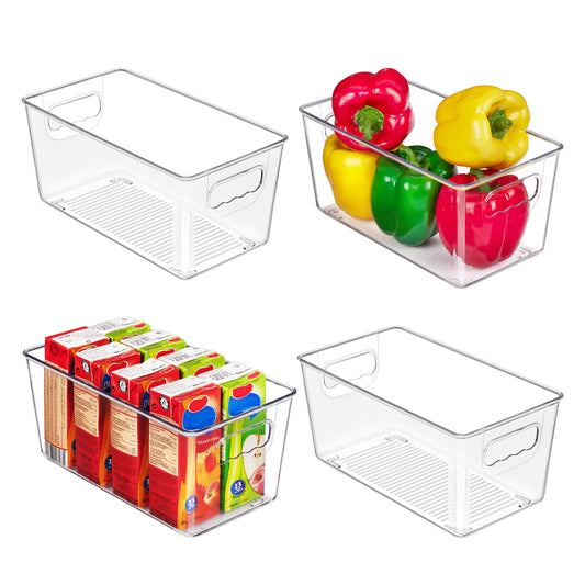 Sindcom 4 Pack Clear Plastic Storage Bins with Handles, Pantry Organizer Bins, for Refrigerator, Freezer, Cabinet, Kitchen, Countertops, SmallFreezer,Cabinet,Closet Organization and Storage