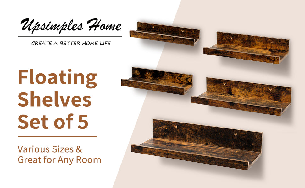 Floating Shelves, Upsimples Wood Shelf Wall Mounted, Set of 5, Multiple Sizes, Brown