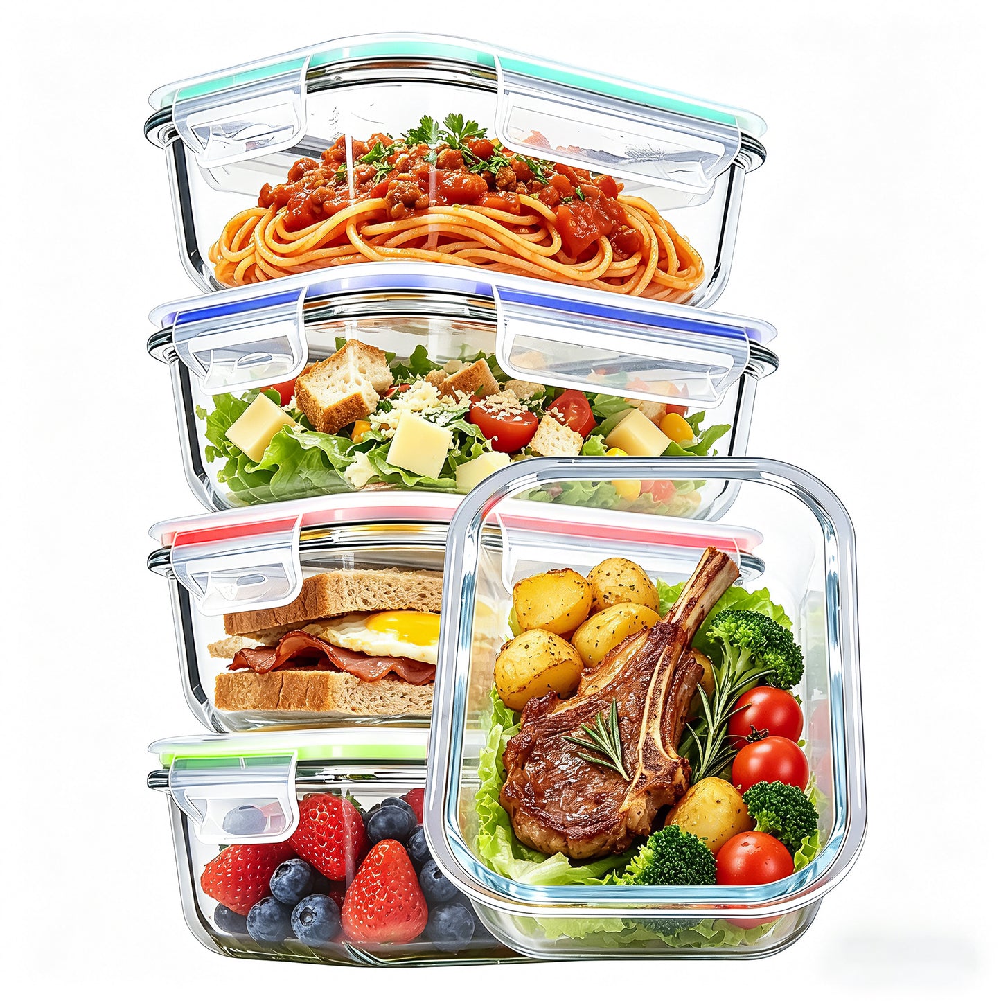 Sindcom 5Pack 22oz Glass Storage Containers with Lids, Glass Meal Prep Food Container Sets with Snap Airtight Lids for Microwave, Oven, Freezer and Dishwasher Colorful