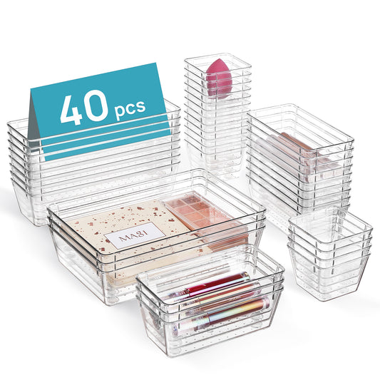 Sindcom 40 PCS Drawer Organizer, 4-Size Clear Plastic Bins Containers, for Bathroom and Vanity Storage