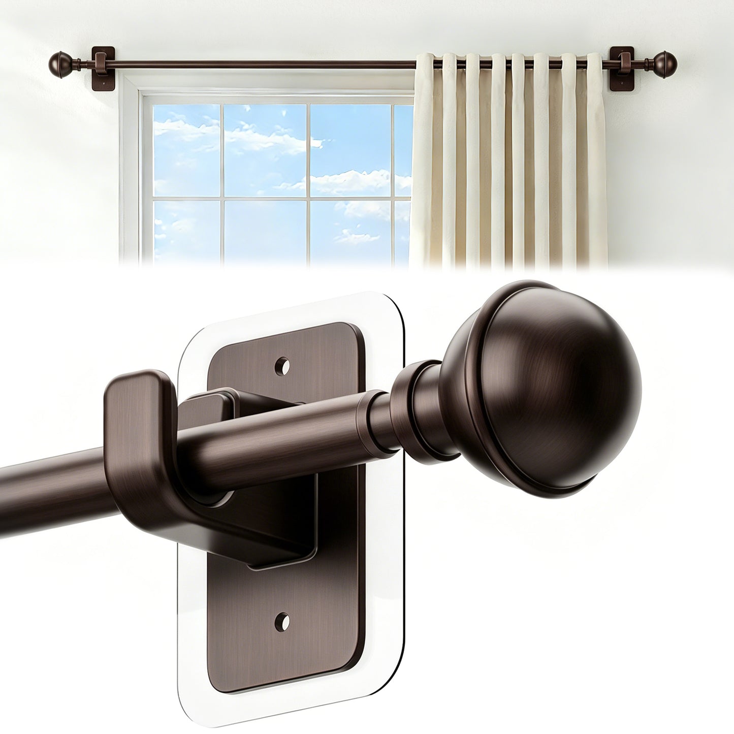 Sindcom No Drill Curtain Rods for Window 66 to 120 Inches, 5/8 Inch Diameter Renter Friendly Drapery Rod with Adhesive Brackets without Drilling, Adjustable from 27 to 130 Inches, Bronze