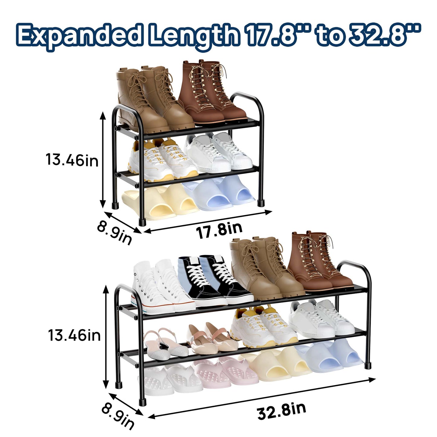 Sindcom 2 Tier Shoe Rack, Expandable Adjustable Shoe Organizer Shelf, Black Metal Shoe Storage for Closet Entryway