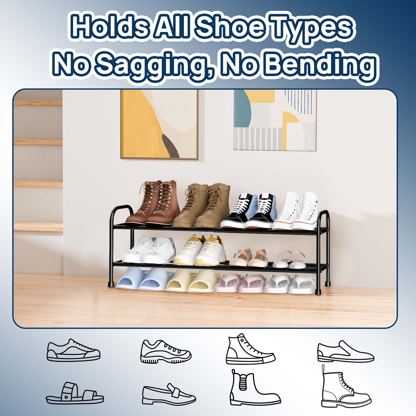 Sindcom 2 Tier Shoe Rack, Expandable Adjustable Shoe Organizer Shelf, Black Metal Shoe Storage for Closet Entryway