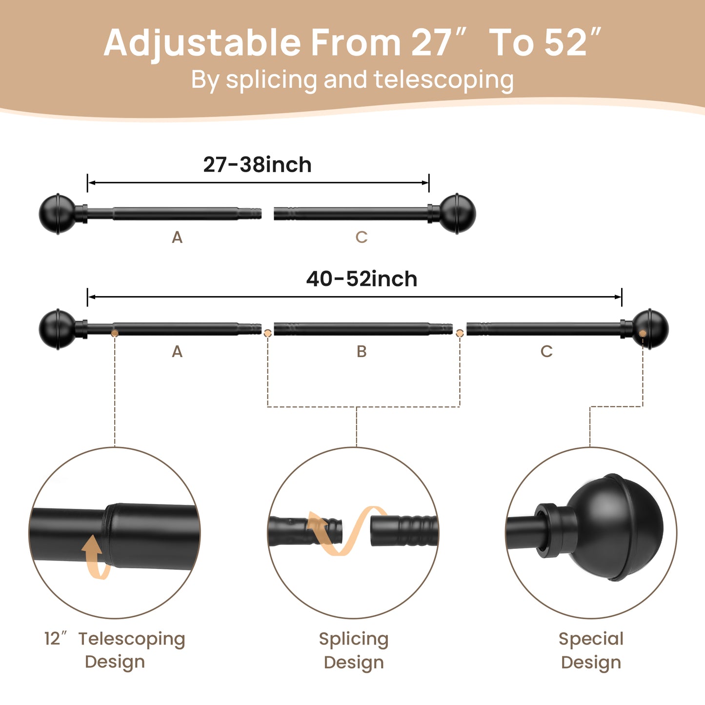 Sindcom No Drill Curtain Rods for Window 27 to 48 Inches, 5/8 Inch Diameter Renter Friendly Drapery Rod with Adhesive Brackets without Drilling, Adjustable from 27 to 52 Inches, Black