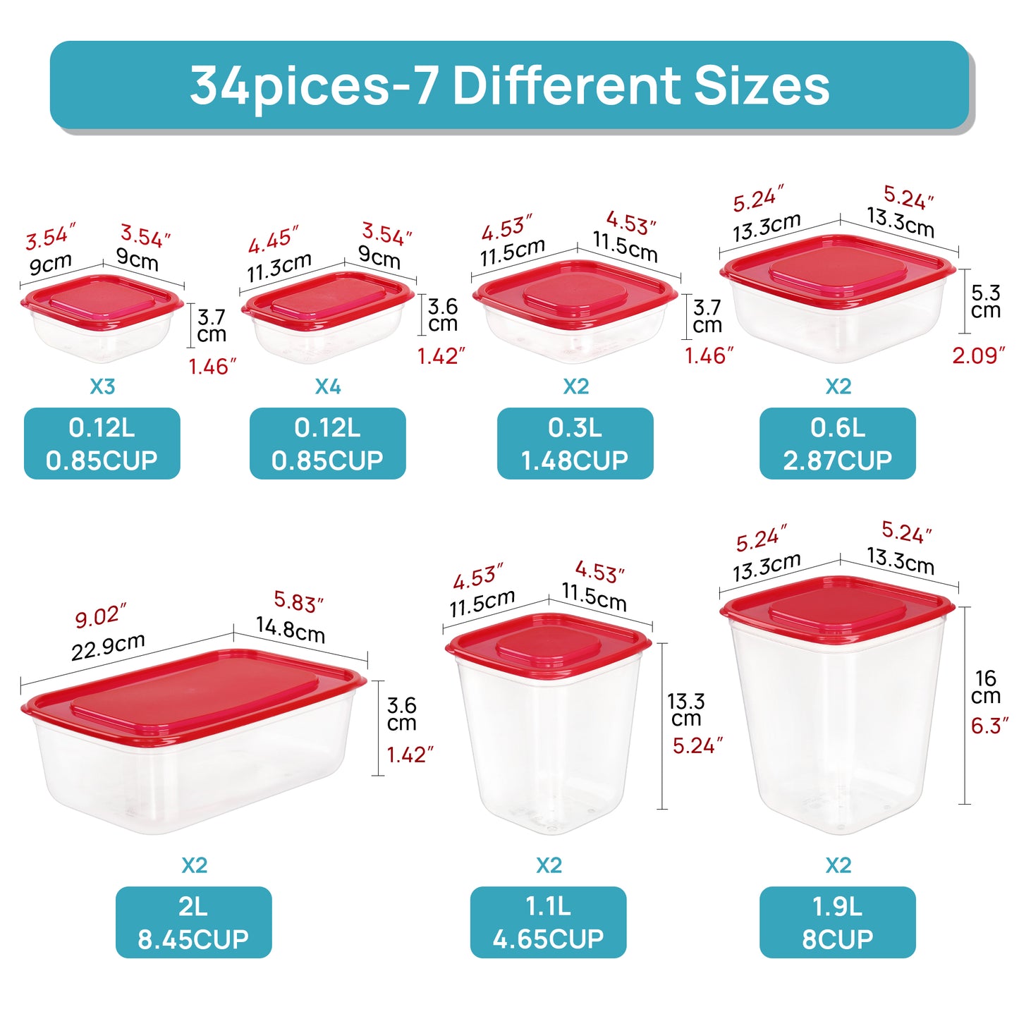 Sindcom 34 Pieces Meal Prep Containers, 7-Size ，Plastic Food Storage Containers with Lids for Lunch,Leftover