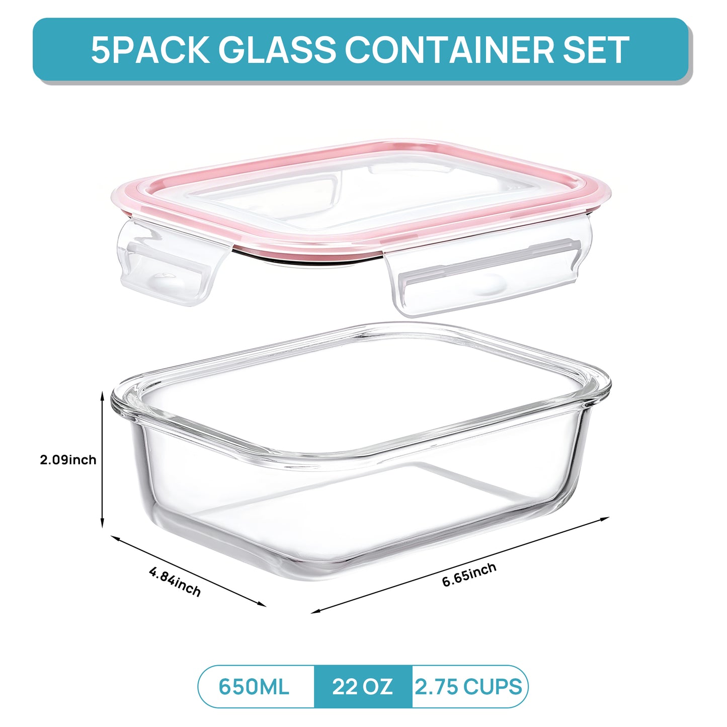 Sindcom 5Pack 22oz Glass Storage Containers with Lids, Glass Meal Prep Food Container Sets with Snap Airtight Lids for Microwave, Oven, Freezer and Dishwasher Pink
