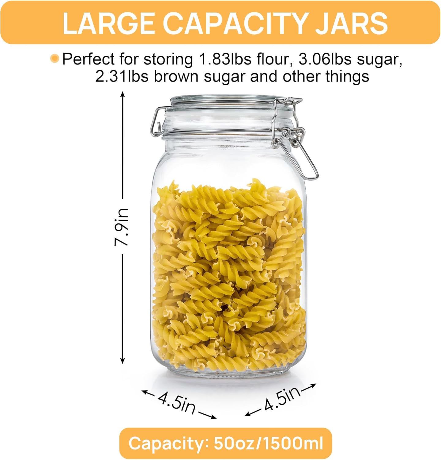 Sindcom 50oz Airtight Glass Jars with Lids, 3 PCS Food Storage Canister for Kitchen & Pantry Organization, Square Mason Jar Containers for Storing Sugar, Flour, Cereal,Coffee,Cookies