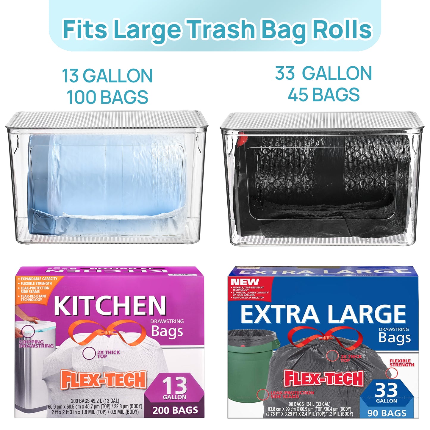 Sindcom Under Sink Trash Bag Holder & Dispenser, 2-Pack Stackable Organizer Bins for 13/30/33 Gallon Garbage Bags, Clear Storage for Kitchen, Laundry Room & Bathroom Organization