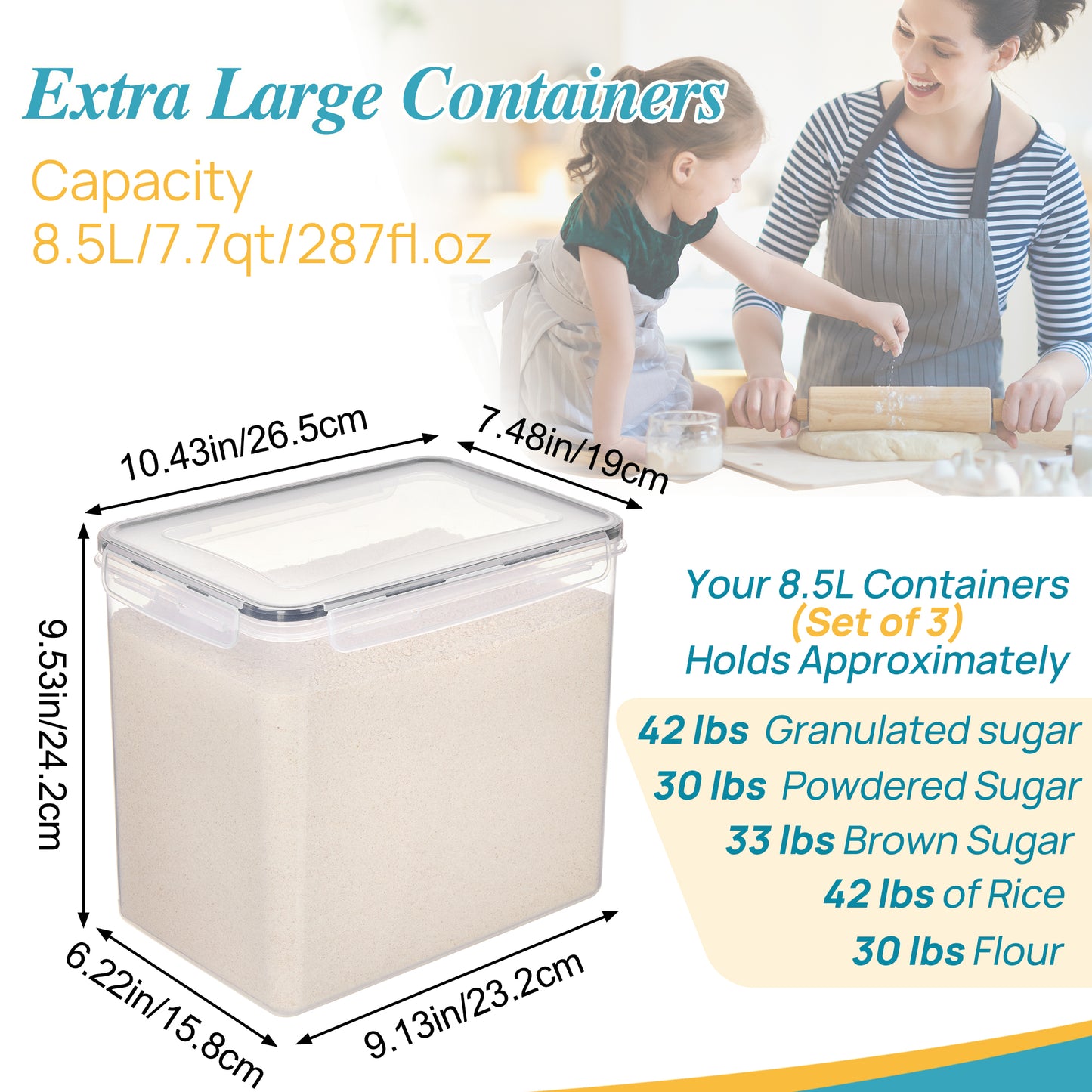 Sindcom Airtight Storage Canisters,3 Pcs Large Food Storage Container for Flour, Sugar,8.5L /287.42fl oz
