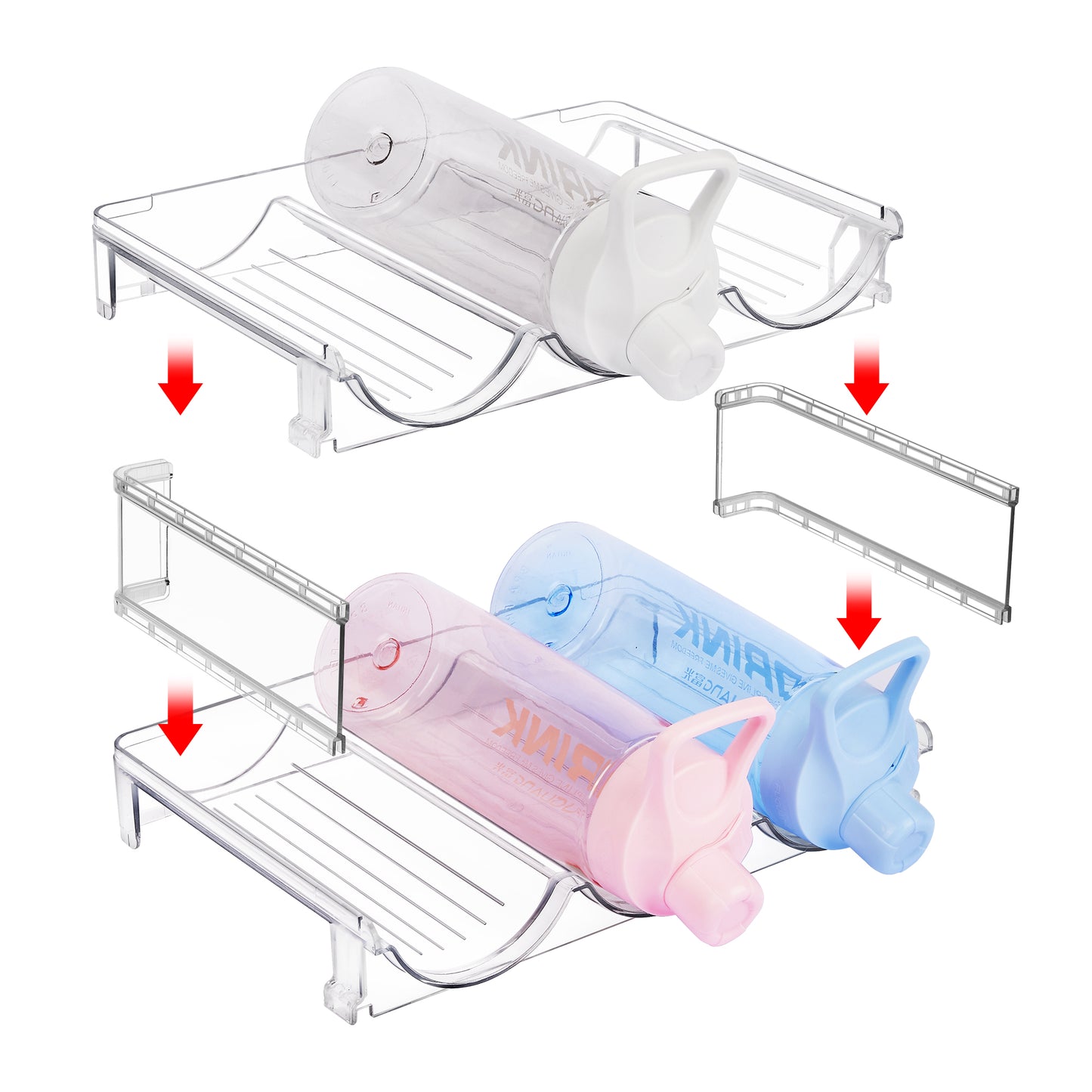 Sindcom 4 Pack Stackable Bottle Holder Storage Rack, Plastic Water Bottle Organizer, Clear