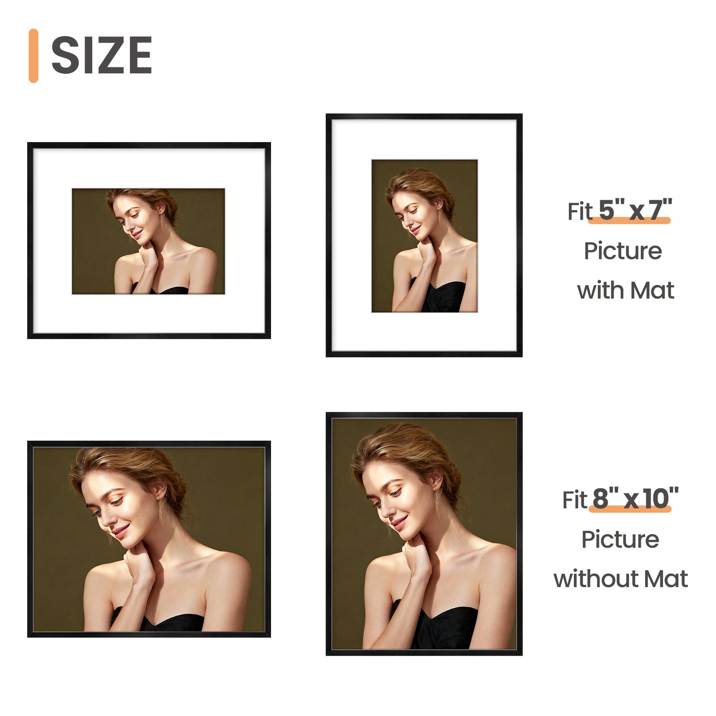 Sindcom Aluminum 8x10 Picture Frame Black, Modern Metal Photo Frames with Shatterproof Plexiglass, Wall Gallery Display for 5x7 with Mat or 8x10 Without Mat, Black