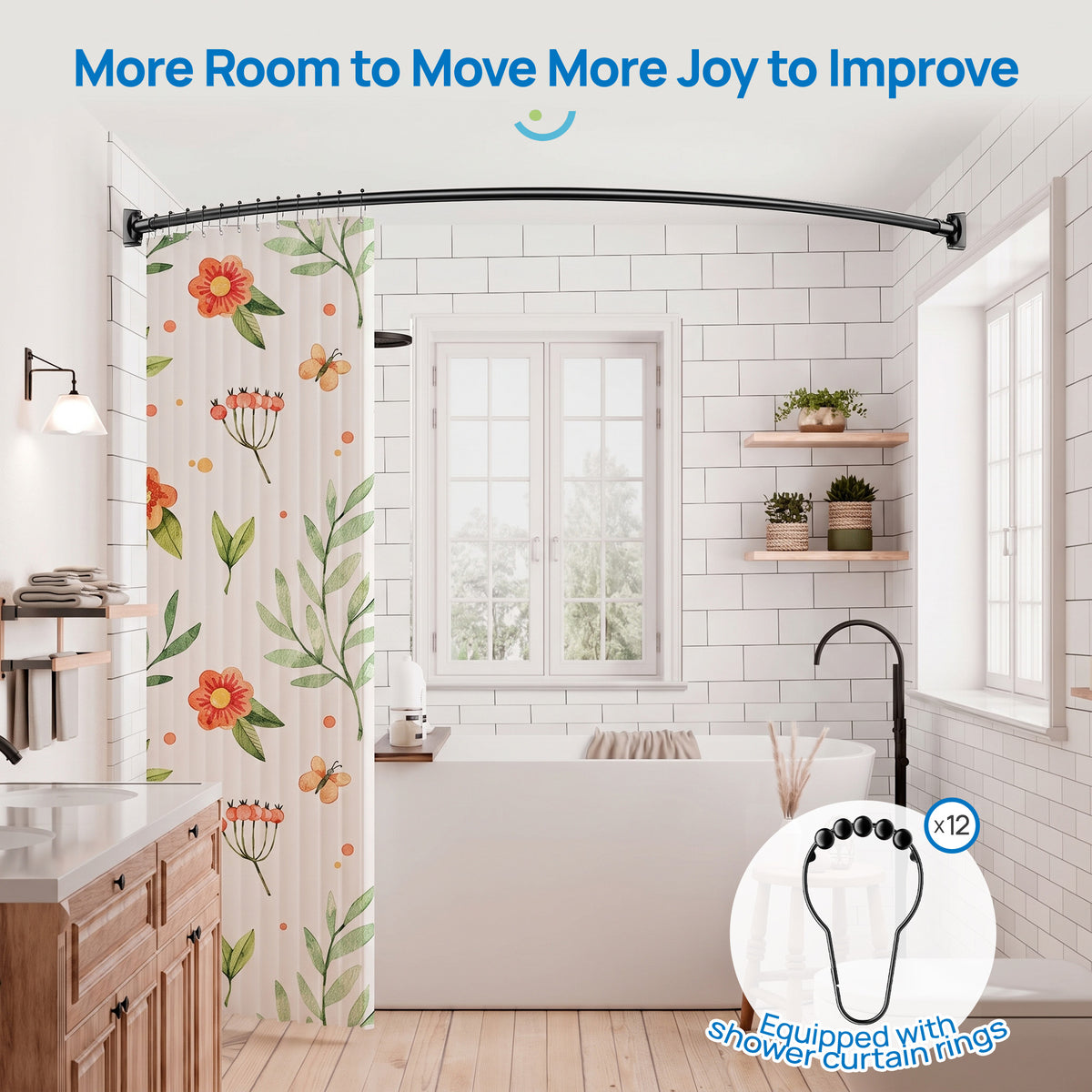 Sindcom Curved Shower Rod, Adjustable Stainless Steel Bathroom Rod, Wall Mount Matte Black