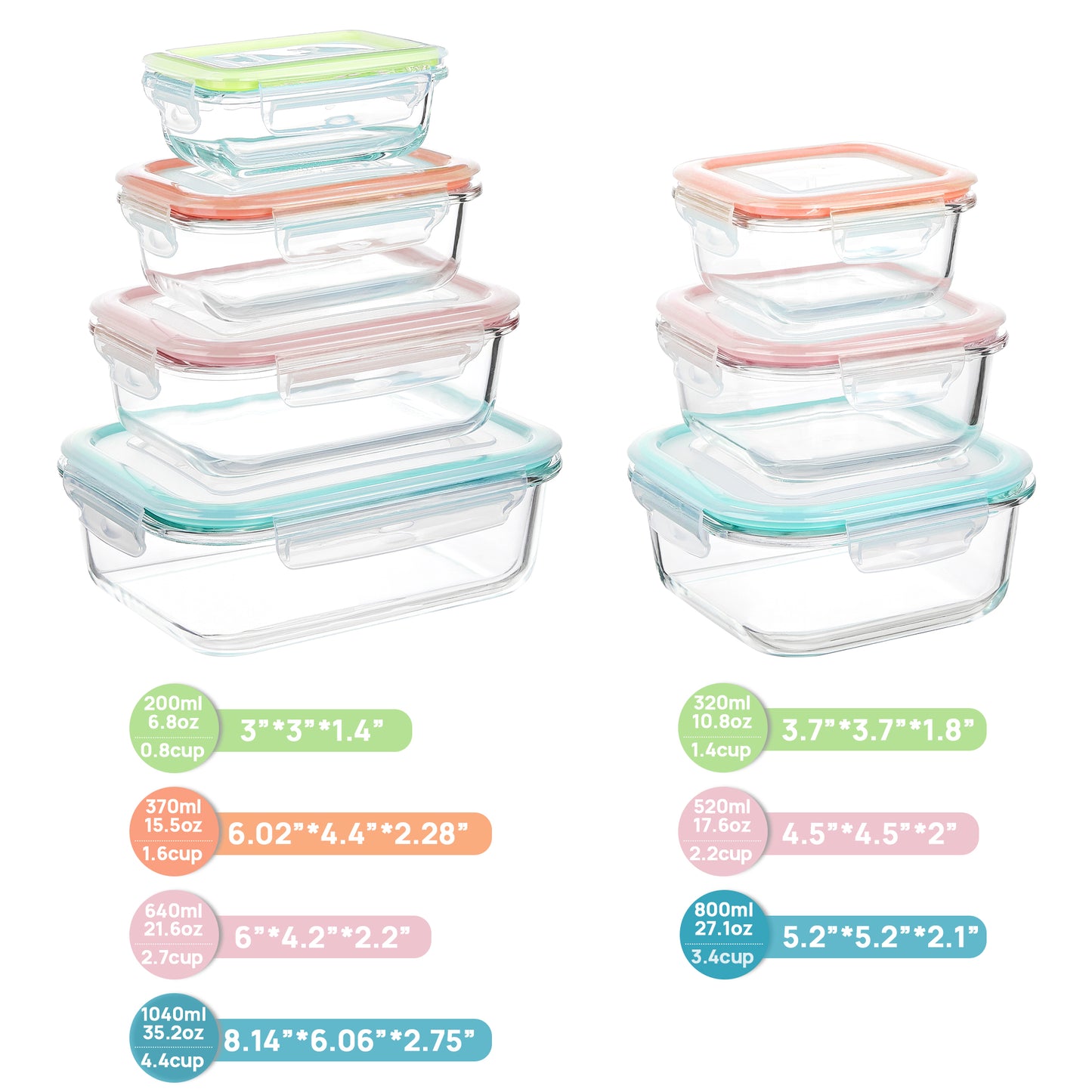 Sindcom 7 Pack Glass Food Storage Containers, Meal Prep, Airtight Bento Boxes with Leak Proof Locking Lids,Colorful
