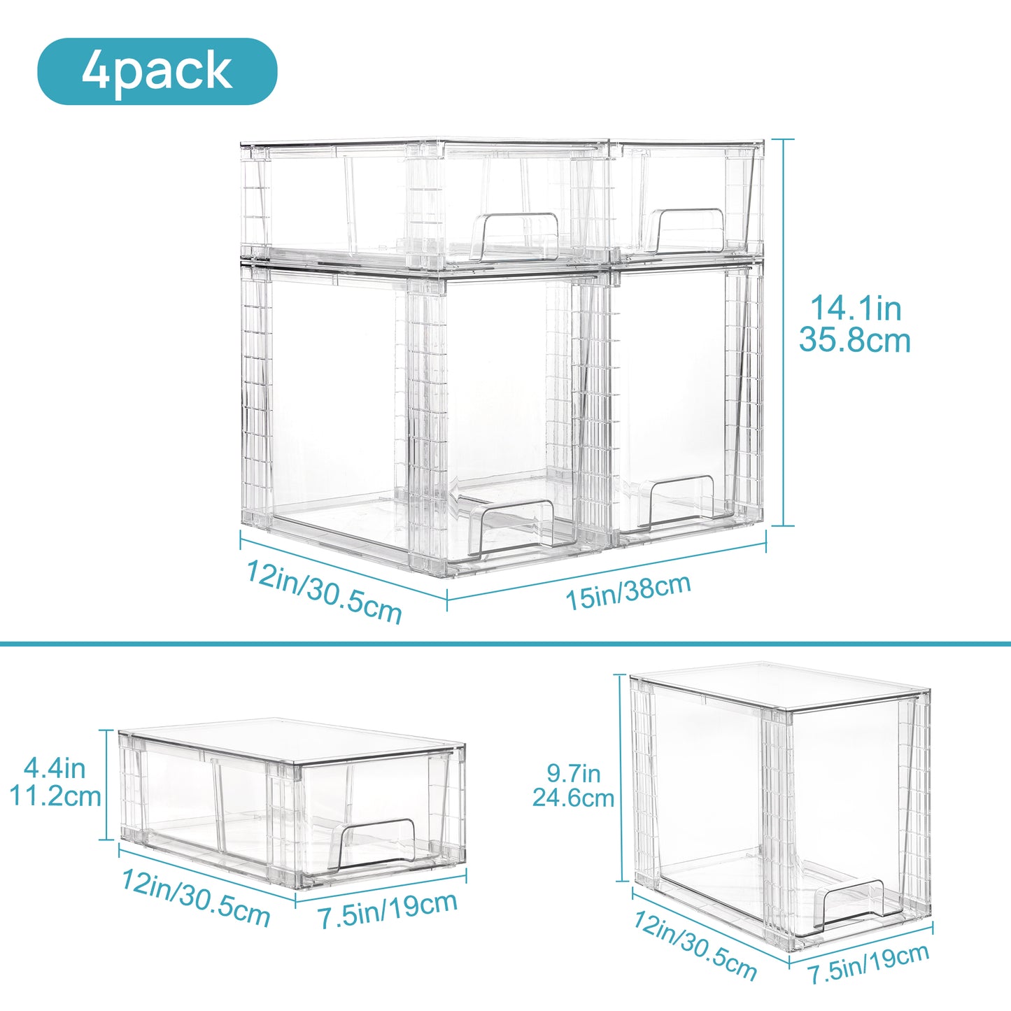 Sindcom 4 Pack Large Stackable Plastic Storage Drawers, Acrylic Clear Plastic Organizer Bins for Makeup, Cosmetics, Bathroom Closet Undersink Organizer, 2 High+2 Small